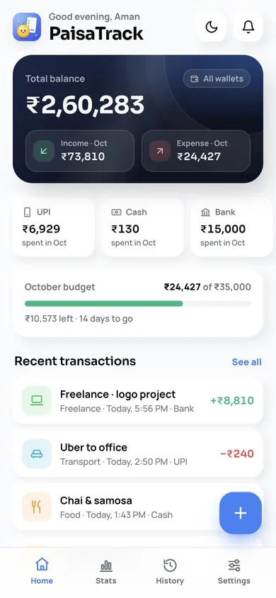 PaisaTrack home screen with balance, wallets and recent transactions